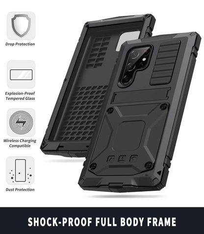 Metal Aluminum Phone Case with Kickstand & Glass Screen Protector for Galaxy S22 Series – Shockproof Full-Body Armor Shell