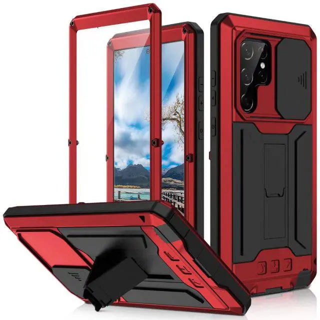 Heavy-Duty Aluminum Shell Phone Case with Built-In Kickstand & Screen Guard for Samsung Galaxy S22, S22 Plus & S22 Ultra