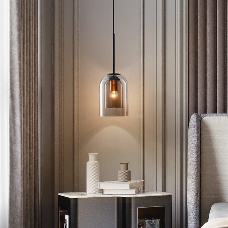 Dual-Layer Glass Pendant Light 6 in Smoke Gray E27 Socket Hanging Lamp Adjustable 59 in Cord for Dining Table Kitchen Island Ceiling Fixture