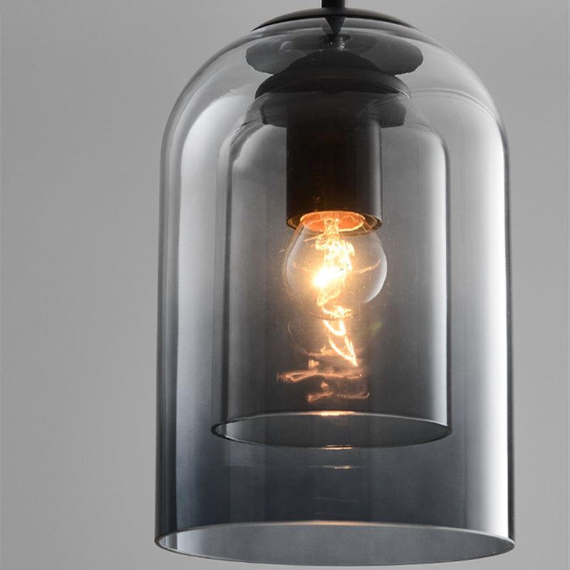 Dual-Layer Glass Pendant Light 6 in Smoke Gray E27 Socket Hanging Lamp Adjustable 59 in Cord for Dining Table Kitchen Island Ceiling Fixture