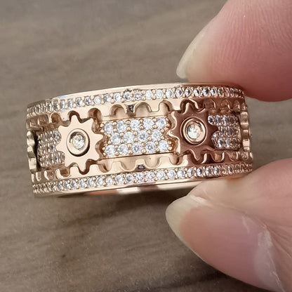 Rotating Gear Ring with 6 Moving Cogs – Stainless Steel Fidget Spinner Ring with Cubic Zirconia Stones for Focus & Stress Relief