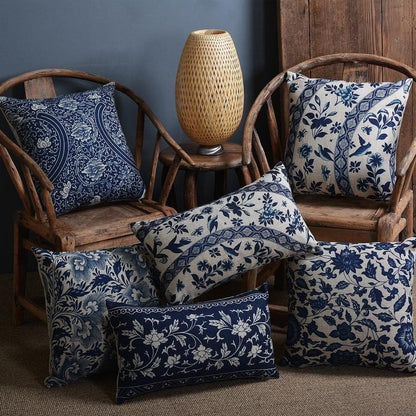 Throw Pillow Cover 18x18 Inches Blue Porcelain Print Linen Cotton Hidden Zipper for Couch Bedroom Chair Soft Textured Decorative Cushion Cas