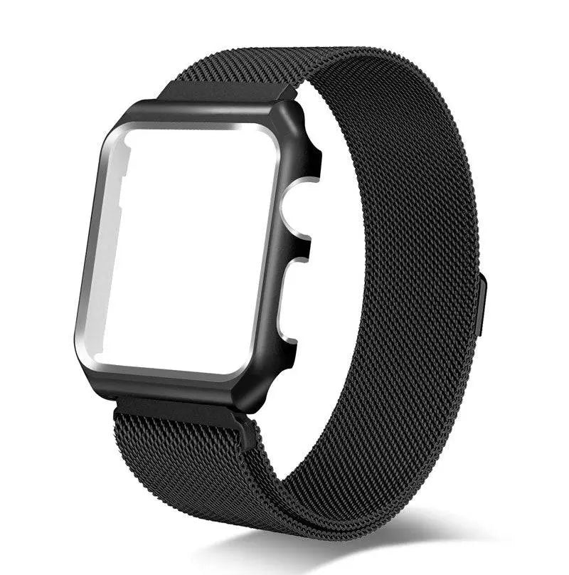 Stainless Steel Mesh Band & Protective Case Bundle for Apple Watch 38mm 40mm 42mm 44mm – Magnetic Adjustable Strap with Coordinated Cover