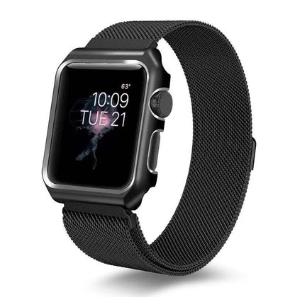 Stainless Steel Mesh Band & Protective Case Bundle for Apple Watch 38mm 40mm 42mm 44mm – Magnetic Adjustable Strap with Coordinated Cover