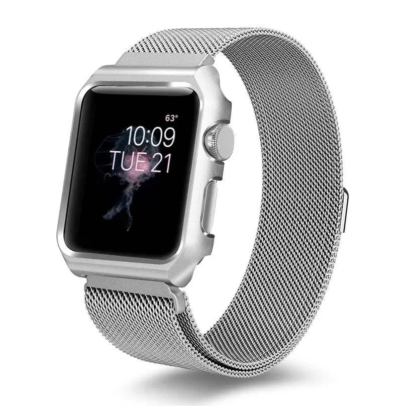 Stainless Steel Mesh Band & Protective Case Bundle for Apple Watch 38mm 40mm 42mm 44mm – Magnetic Adjustable Strap with Coordinated Cover
