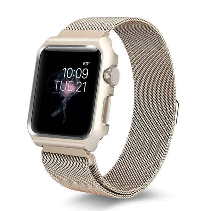 Stainless Steel Mesh Band & Protective Case Bundle for Apple Watch 38mm 40mm 42mm 44mm – Magnetic Adjustable Strap with Coordinated Cover