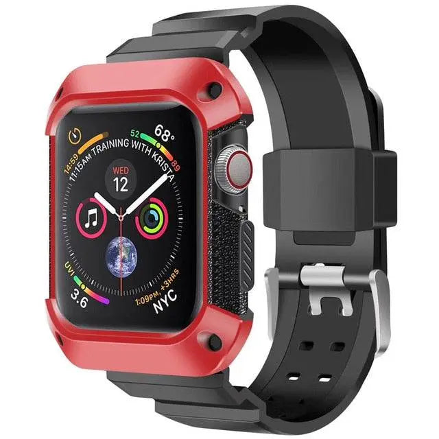 Protective Sport Strap with Bumper Case for Apple Watch – Rugged Wristband with Shock-Absorbing Frame – Compatible with 38/40/41/42mm and