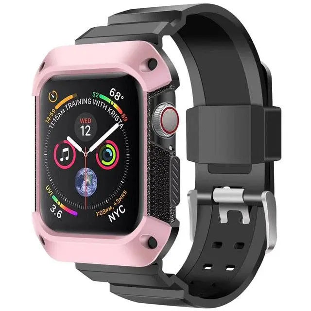 Protective Sport Strap with Bumper Case for Apple Watch – Rugged Wristband with Shock-Absorbing Frame – Compatible with 38/40/41/42mm and
