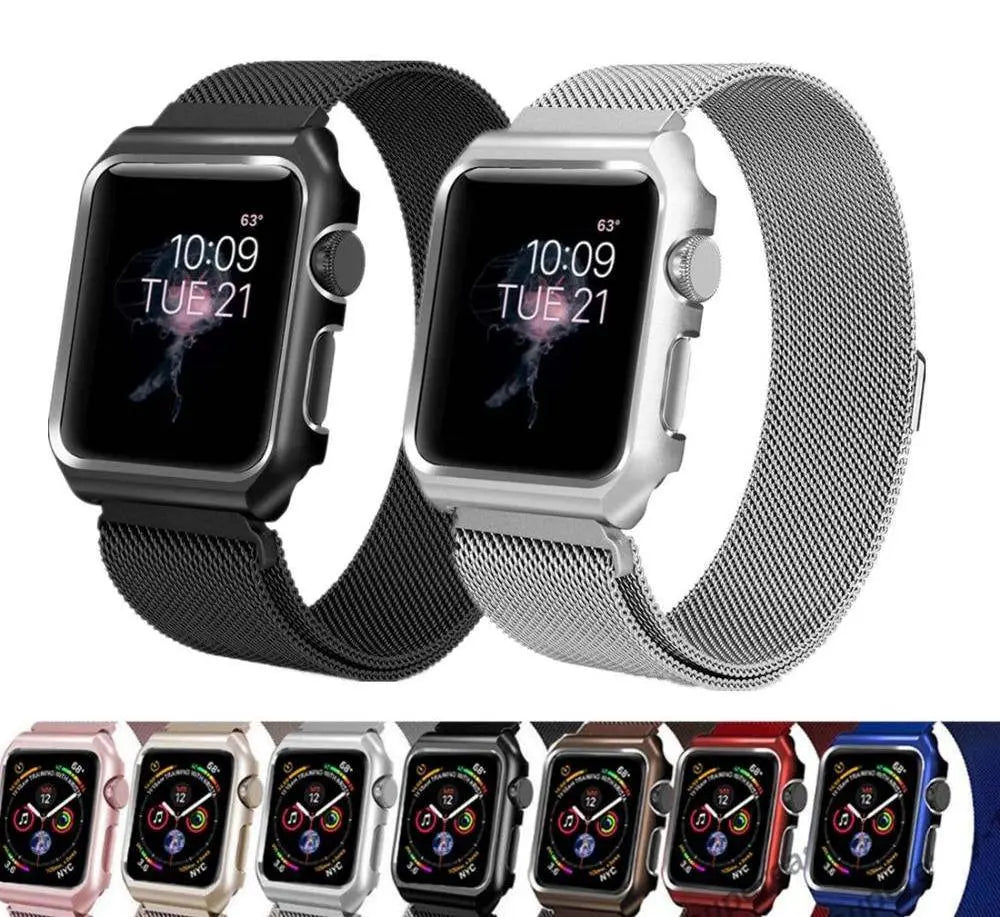 Stainless Steel Mesh Band & Protective Case Bundle for Apple Watch 38mm 40mm 42mm 44mm – Magnetic Adjustable Strap with Coordinated Cover