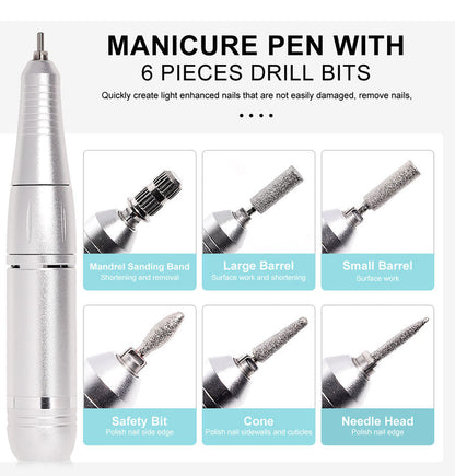 Lima de uñas eléctrica para manicura, torno de uñas recargable, pulidor de uñas portátil de bajo ruido para uso doméstico