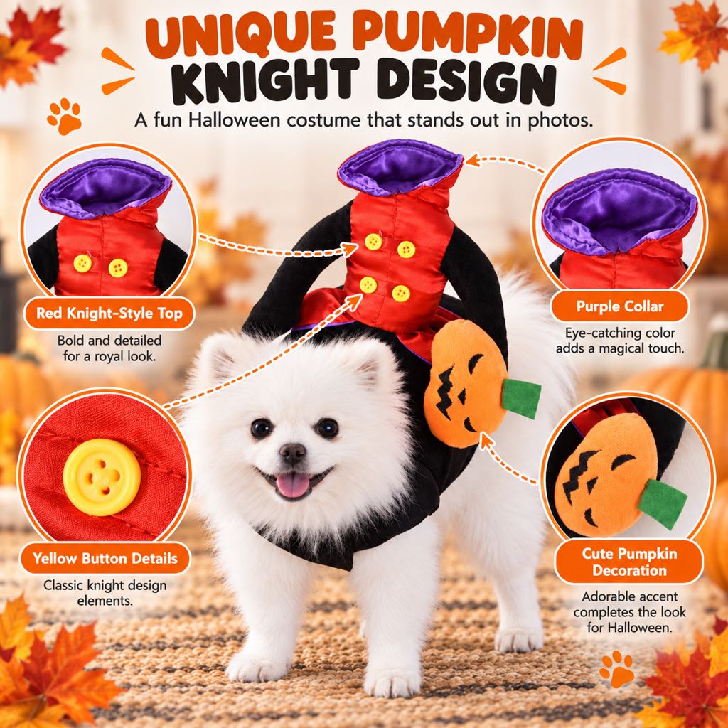 Pumpkin Knight Halloween Dog Costume, Red & Black Rider Style Pet Outfit for Halloween Parties, Trick-or-Treating & Cute Photos