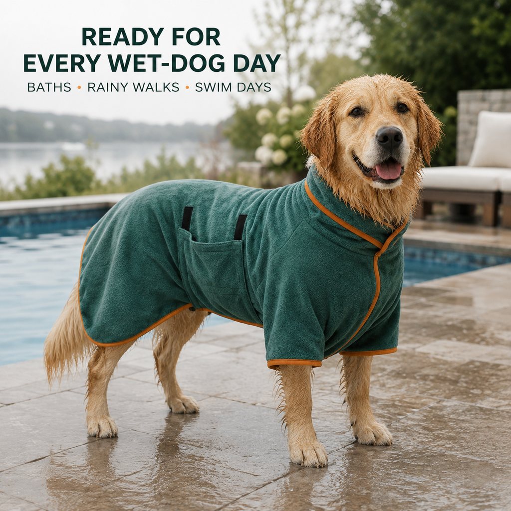 Ortekor Quick-Dry Microfiber Dog Bathrobe – Absorbent Drying Coat for Baths, Rain & Swimming to Help Reduce Wet-Dog Mess