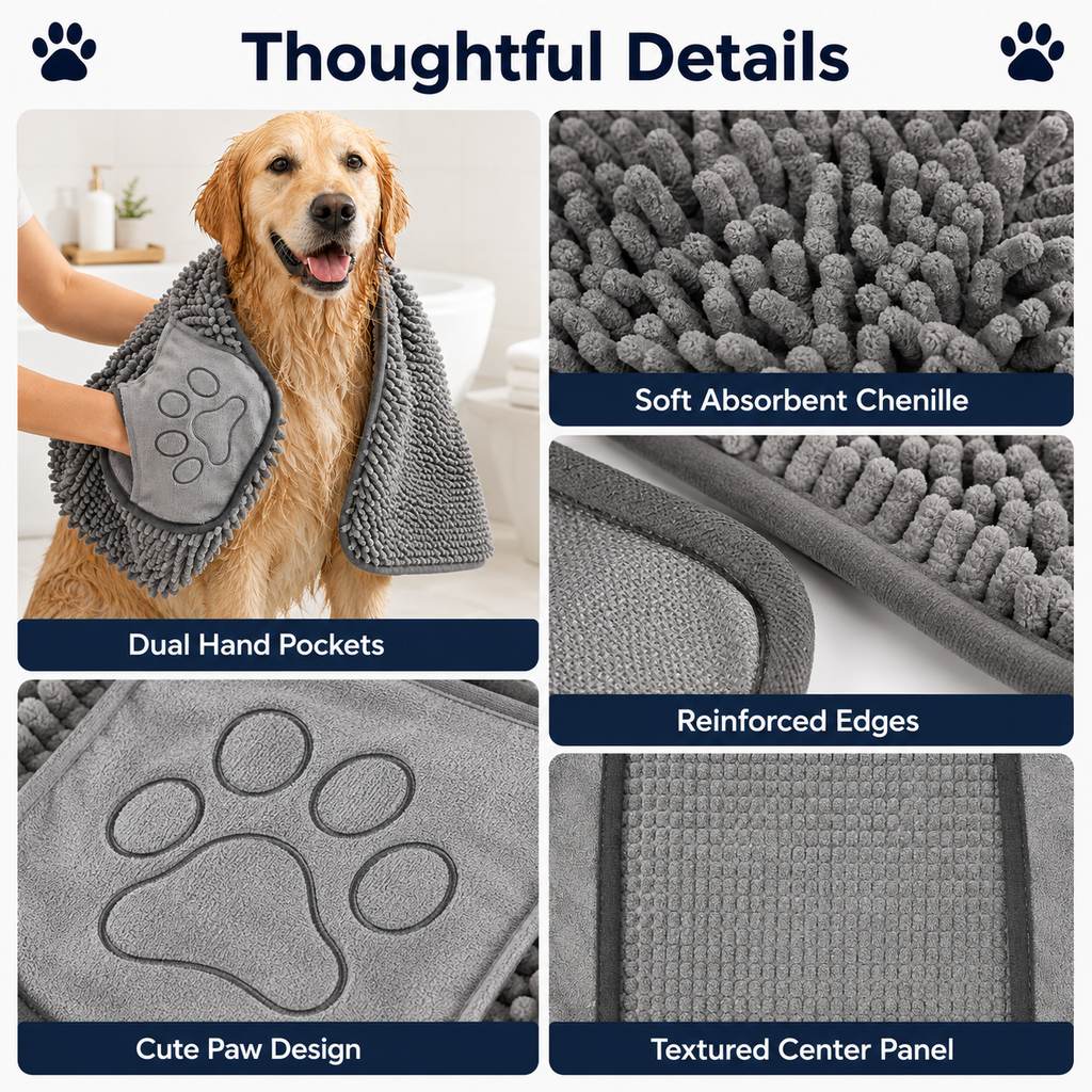Ortekor Quick-Drying Pet Towel for Bath Time & Rainy Walks - Soft Chenille Mitt for Wet Fur & Muddy Paws