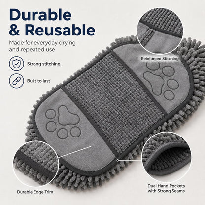 Ortekor Quick-Drying Pet Towel for Bath Time & Rainy Walks - Soft Chenille Mitt for Wet Fur & Muddy Paws