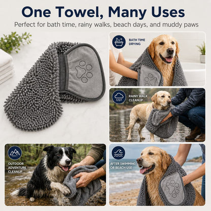 Ortekor Quick-Drying Pet Towel for Bath Time & Rainy Walks - Soft Chenille Mitt for Wet Fur & Muddy Paws