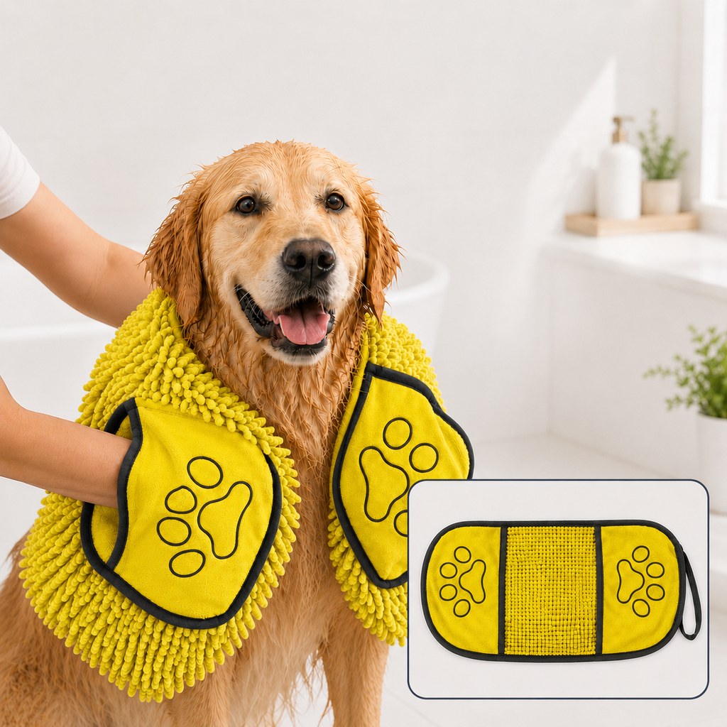 Ortekor Quick-Drying Pet Towel for Bath Time & Rainy Walks - Soft Chenille Mitt for Wet Fur & Muddy Paws