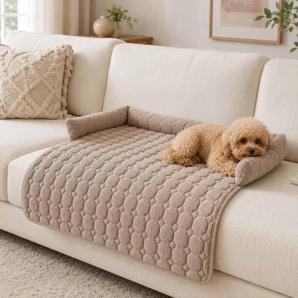 Ortekor Quilted Pet Couch Bed & Sofa Protector for Dogs & Cats – 3-Sided Bolster Corduroy Lounger with Non-Slip Backing for Couch, Floor & Bedroom – Helps Reduce Fur & Everyday Sofa Mess