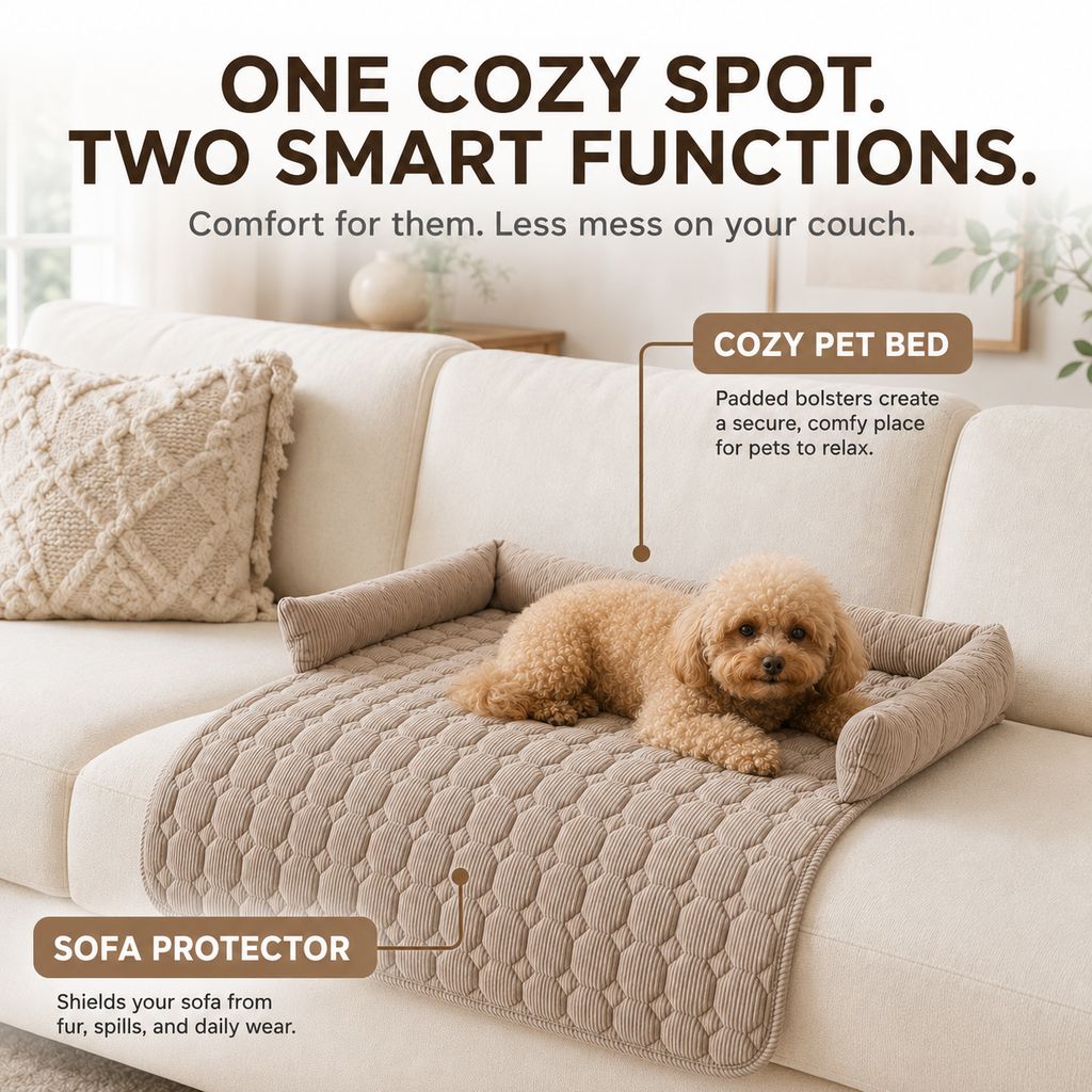 Ortekor Quilted Pet Couch Bed & Sofa Protector for Dogs & Cats – 3-Sided Bolster Corduroy Lounger with Non-Slip Backing for Couch, Floor & Bedroom – Helps Reduce Fur & Everyday Sofa Mess