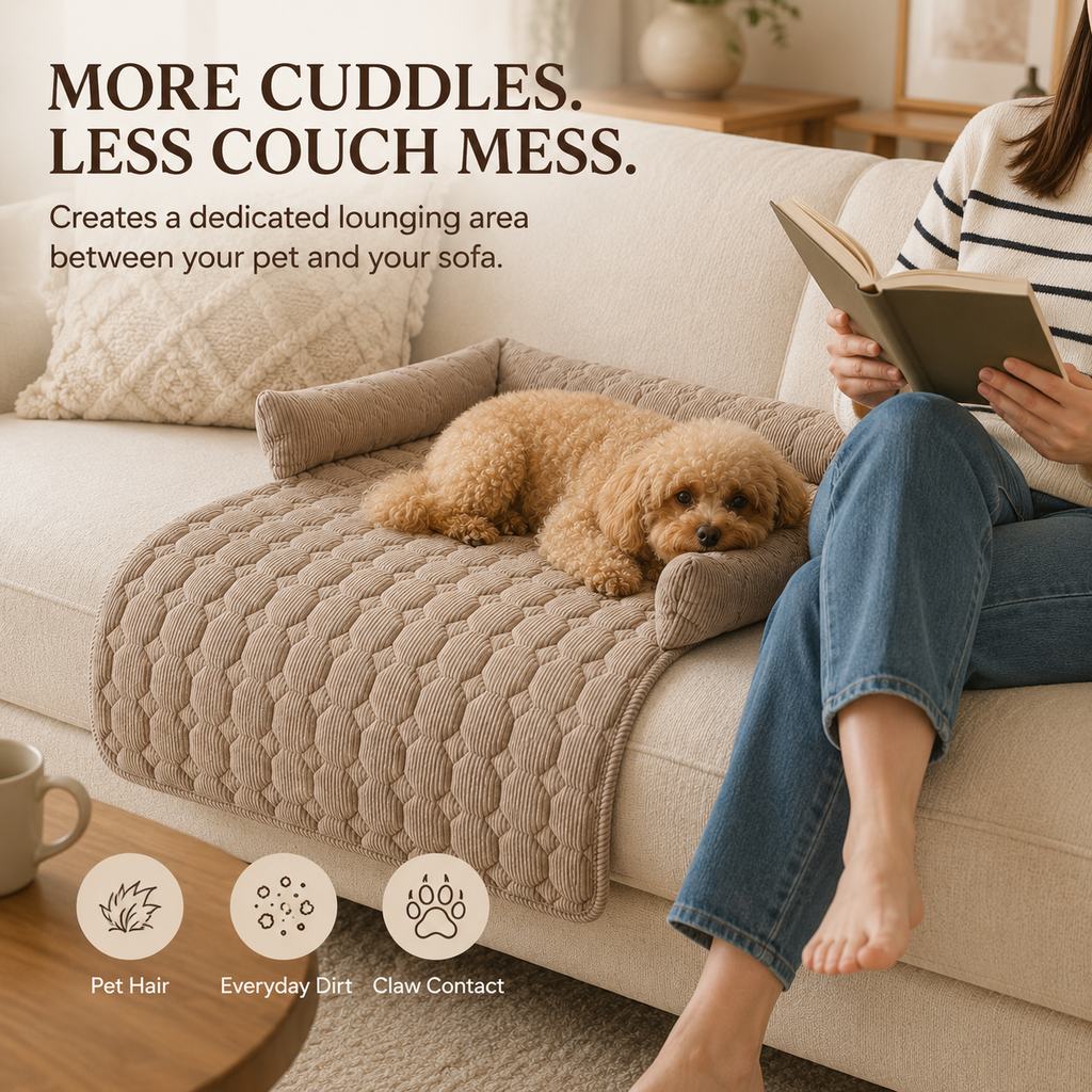 Ortekor Quilted Pet Couch Bed & Sofa Protector for Dogs & Cats – 3-Sided Bolster Corduroy Lounger with Non-Slip Backing for Couch, Floor & Bedroom – Helps Reduce Fur & Everyday Sofa Mess