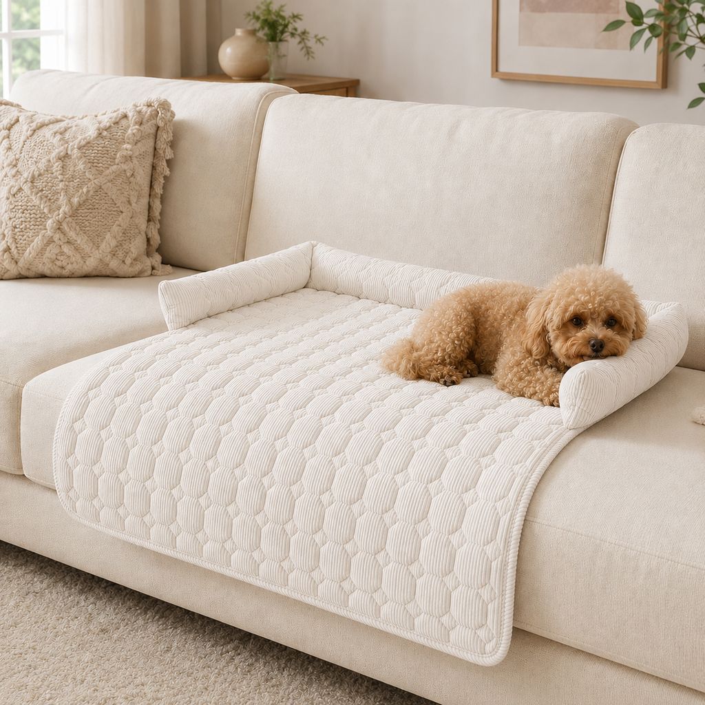 Ortekor Quilted Pet Couch Bed & Sofa Protector for Dogs & Cats – 3-Sided Bolster Corduroy Lounger with Non-Slip Backing for Couch, Floor & Bedroom – Helps Reduce Fur & Everyday Sofa Mess