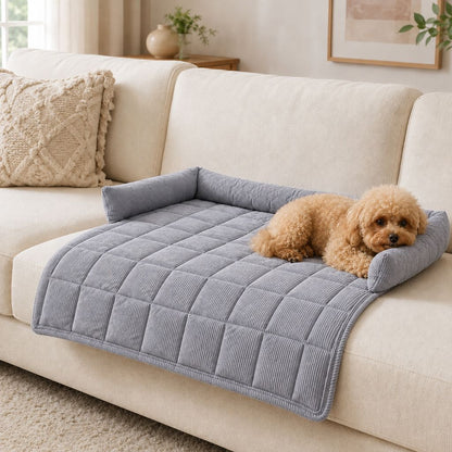 Ortekor Quilted Pet Couch Bed & Sofa Protector for Dogs & Cats – 3-Sided Bolster Corduroy Lounger with Non-Slip Backing for Couch, Floor & Bedroom – Helps Reduce Fur & Everyday Sofa Mess