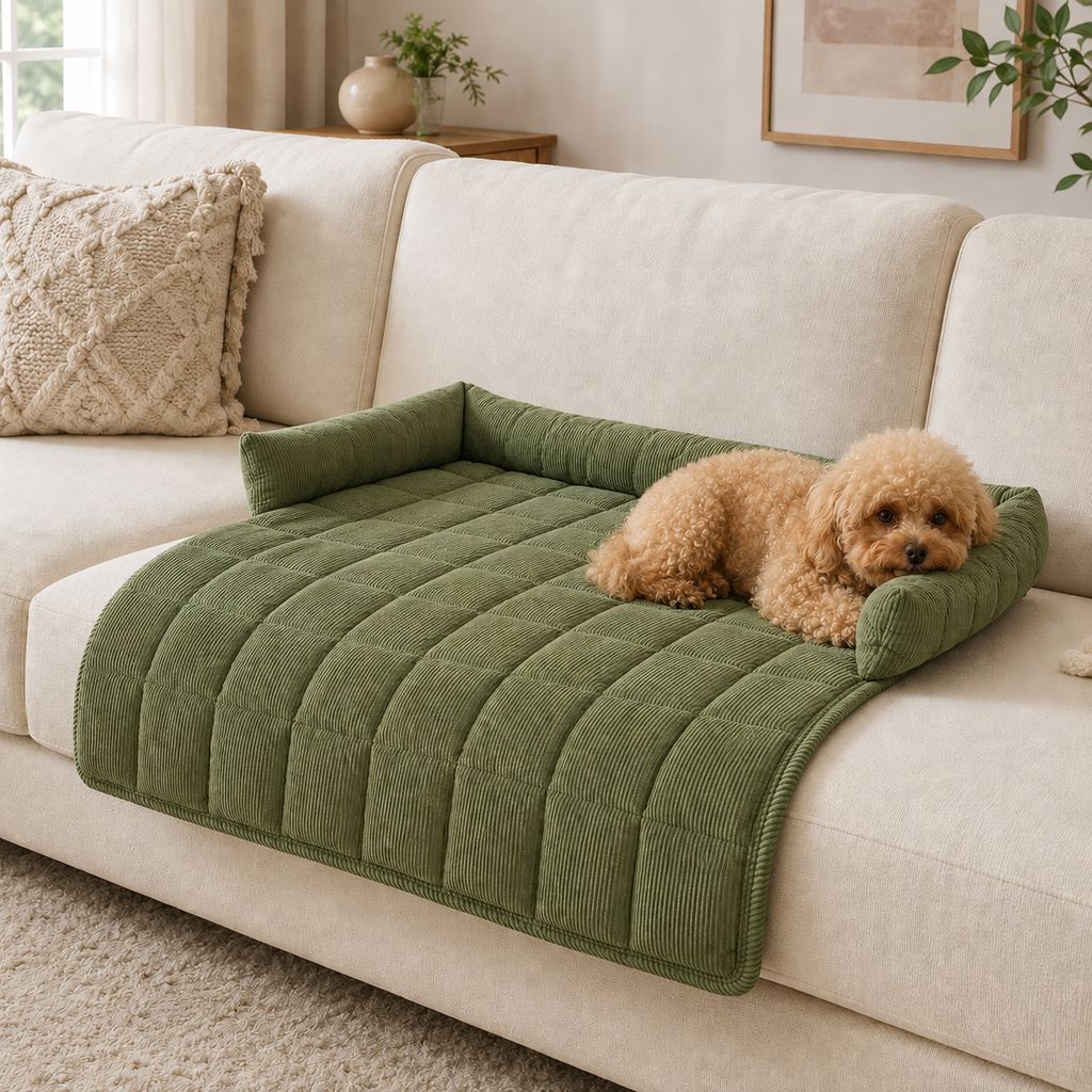 Ortekor Quilted Pet Couch Bed & Sofa Protector for Dogs & Cats – 3-Sided Bolster Corduroy Lounger with Non-Slip Backing for Couch, Floor & Bedroom – Helps Reduce Fur & Everyday Sofa Mess
