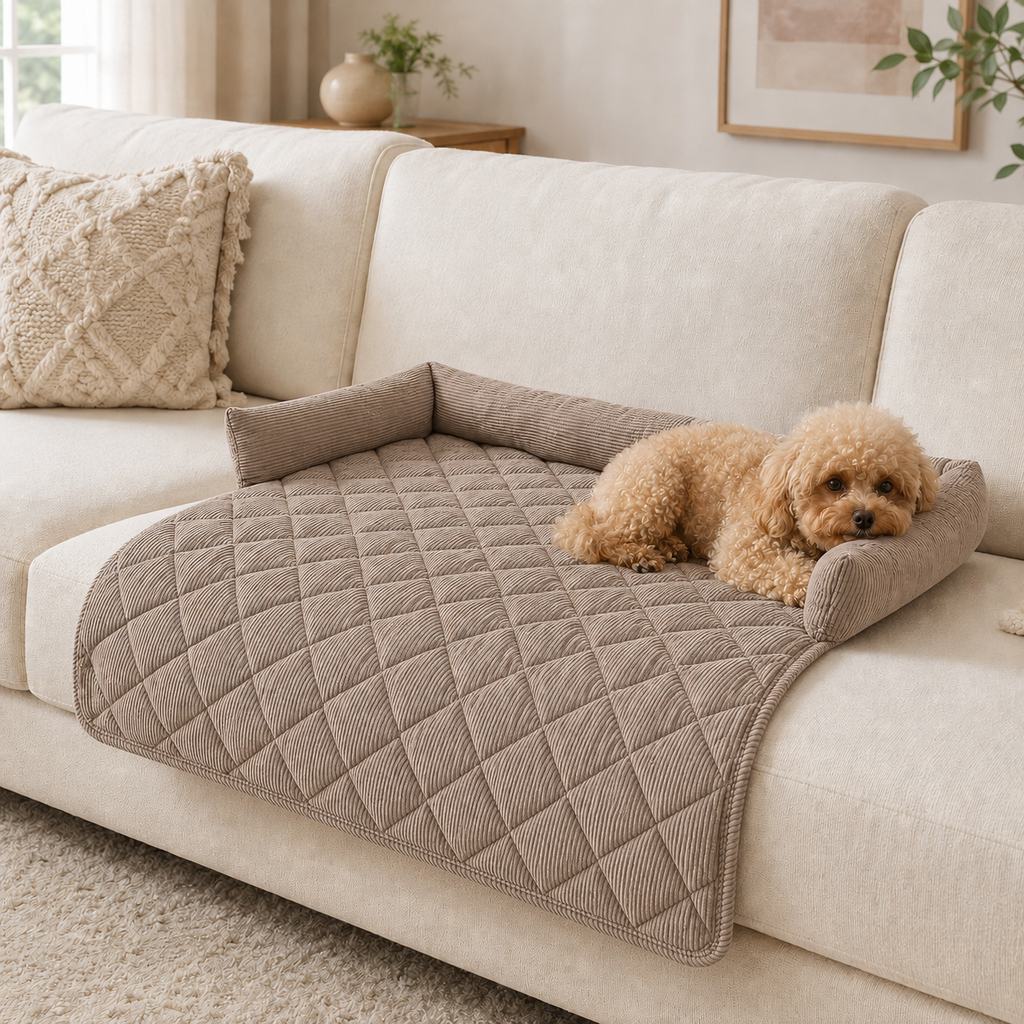 Ortekor Quilted Pet Couch Bed & Sofa Protector for Dogs & Cats – 3-Sided Bolster Corduroy Lounger with Non-Slip Backing for Couch, Floor & Bedroom – Helps Reduce Fur & Everyday Sofa Mess