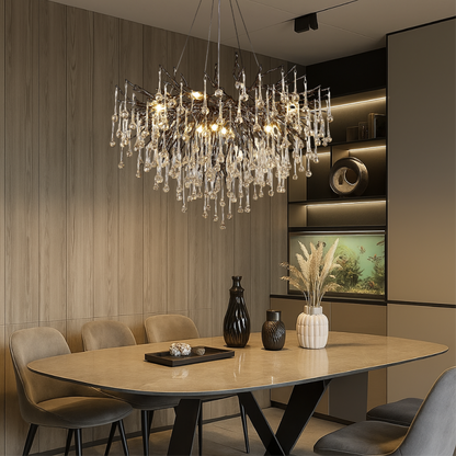 Crystal Raindrop Chandelier Black Aluminum Ring Warm LED High Ceiling Entryway Dining Room Modern Cascade Lighting Fixture