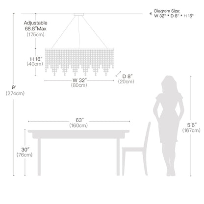 Rectangular Crystal Chandelier Ceiling Light Fixture Stainless Steel Frame E12 Candelabra Base for Dining Room Kitchen Island Modern