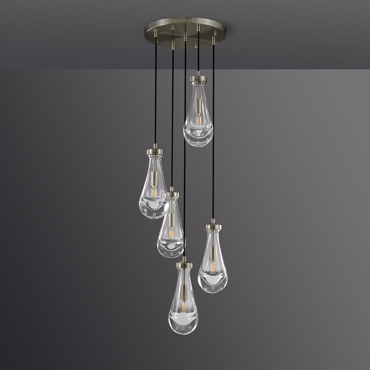 5-Light Glass Drop Chandelier, 14 Inch Round Ceiling Fixture with Cascading Crystal Pendants for Dining Room & Entryway