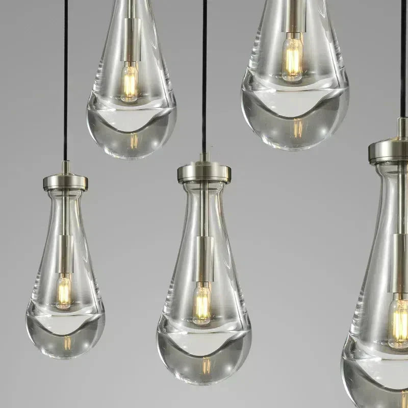 5-Light Glass Drop Chandelier, 14 Inch Round Ceiling Fixture with Cascading Crystal Pendants for Dining Room & Entryway