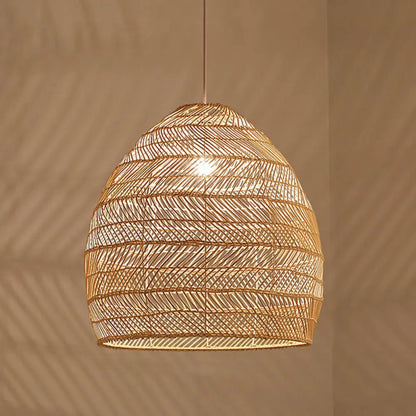 Woven Natural Fiber Dome Hanging Light Fixture – Bohemian Handcrafted Ceiling Lamp for Dining Room, Kitchen Island, Bedroom – Adjustable