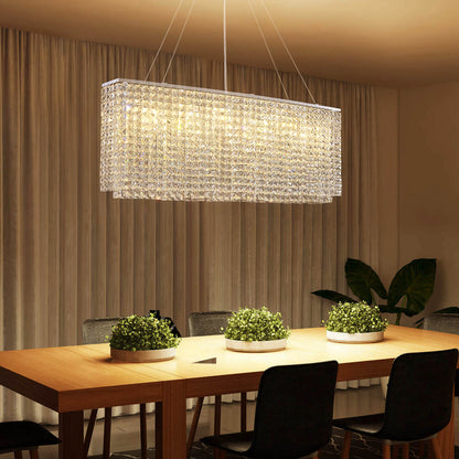 Linear Crystal Chandelier Chrome Finish Rectangular Dining Room Light Fixture Adjustable Height for Kitchen Island Living Room