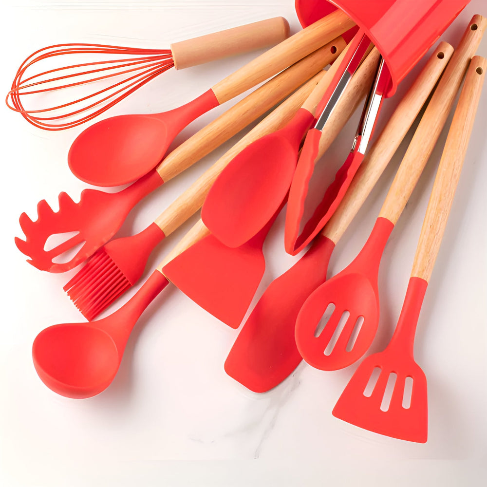 12-Piece Silicone Kitchen Utensil Set with Bamboo Handles and Holder – Heat-Resistant Nonstick Cooking Tools for Home Chefs