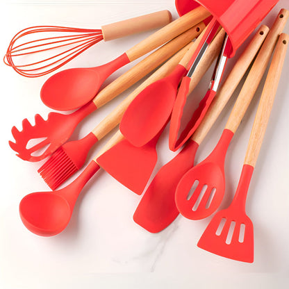 12-Piece Silicone Kitchen Utensil Set with Bamboo Handles and Holder – Heat-Resistant Nonstick Cooking Tools for Home Chefs
