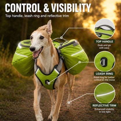 Ortekor Dog Saddlebag Backpack Harness for Hiking & Camping - Hands-Free Storage for Water, Treats & Trail Essentials
