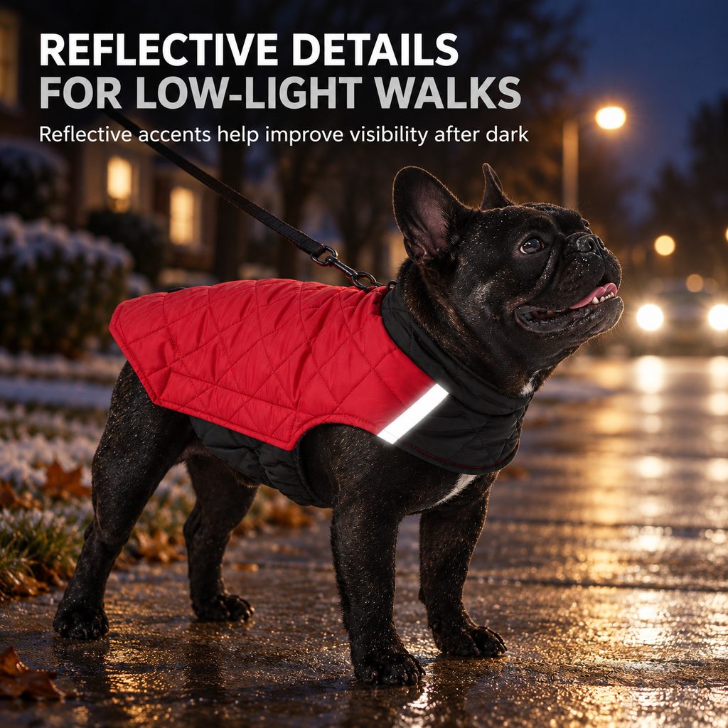 Ortekor Reversible Quilted Dog Winter Coat for Cold Walks - Water-Resistant Reflective 2-in-1 Jacket with Easy Belly Fit