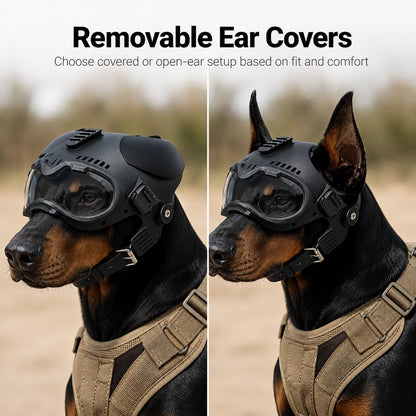 Ortekor K9 Tactical-Style Dog Helmet with Goggles for Hiking & Outdoor Training - Helps Shield Eyes from Wind, Dust & Trail Debris
