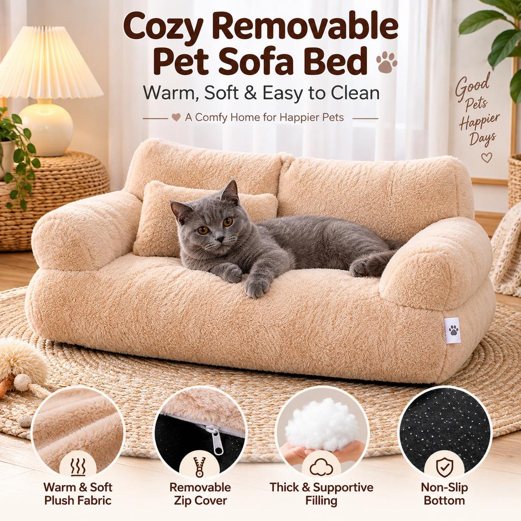 Ortekor Removable Plush Pet Sofa Bed for Cats & Small Dogs - Warm Supportive Couch for Indoor Naps & Easy Cleaning