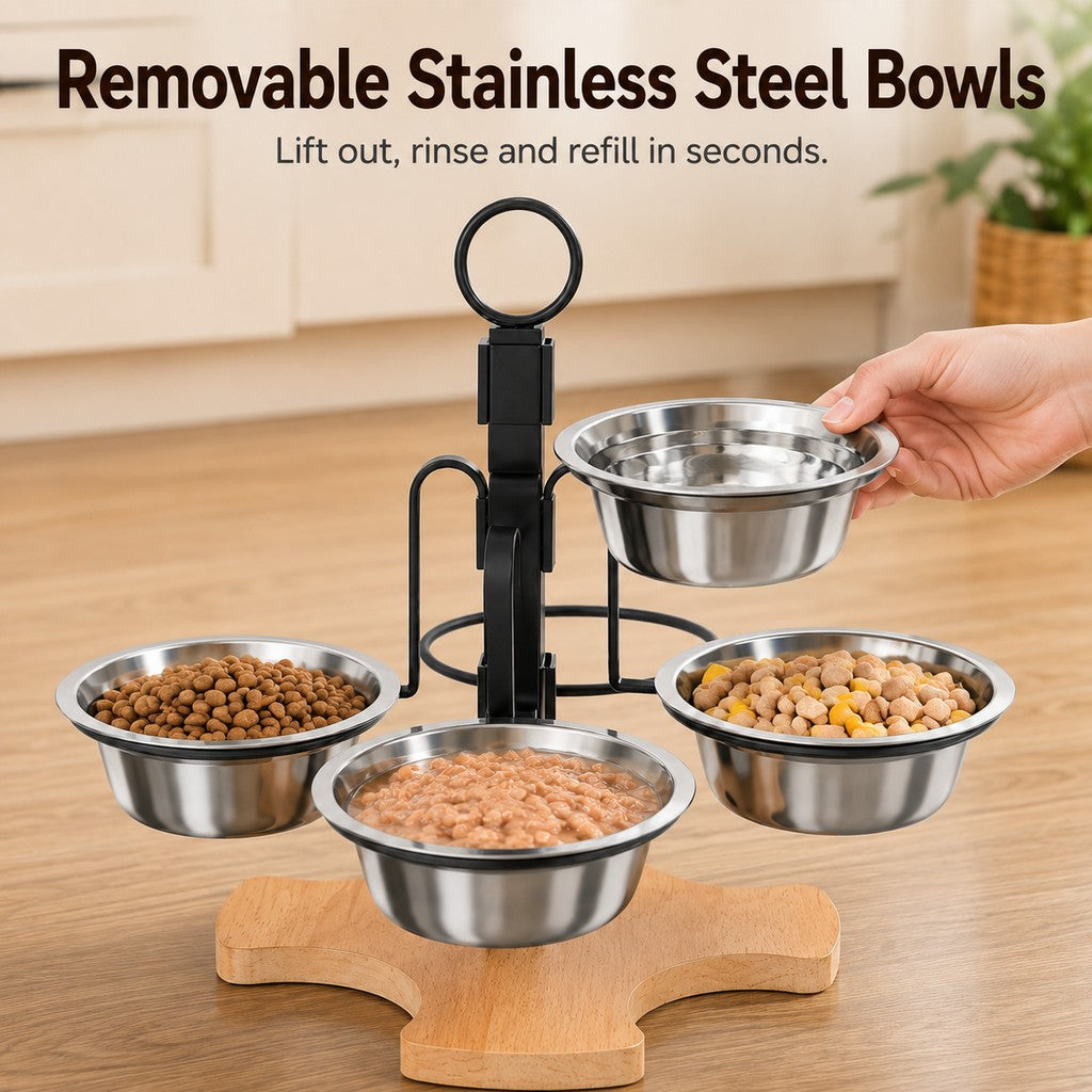 Ortekor 4-Bowl Adjustable Elevated Pet Feeder for Cats & Small Dogs - Organized Food and Water Station