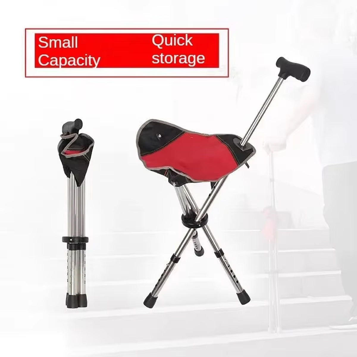 Folding Walking Cane with Built-In Seat & Tripod Base – Adjustable Height 22-34 in, Supports 287 lb, Lightweight 2.4 lb Aluminum Portable