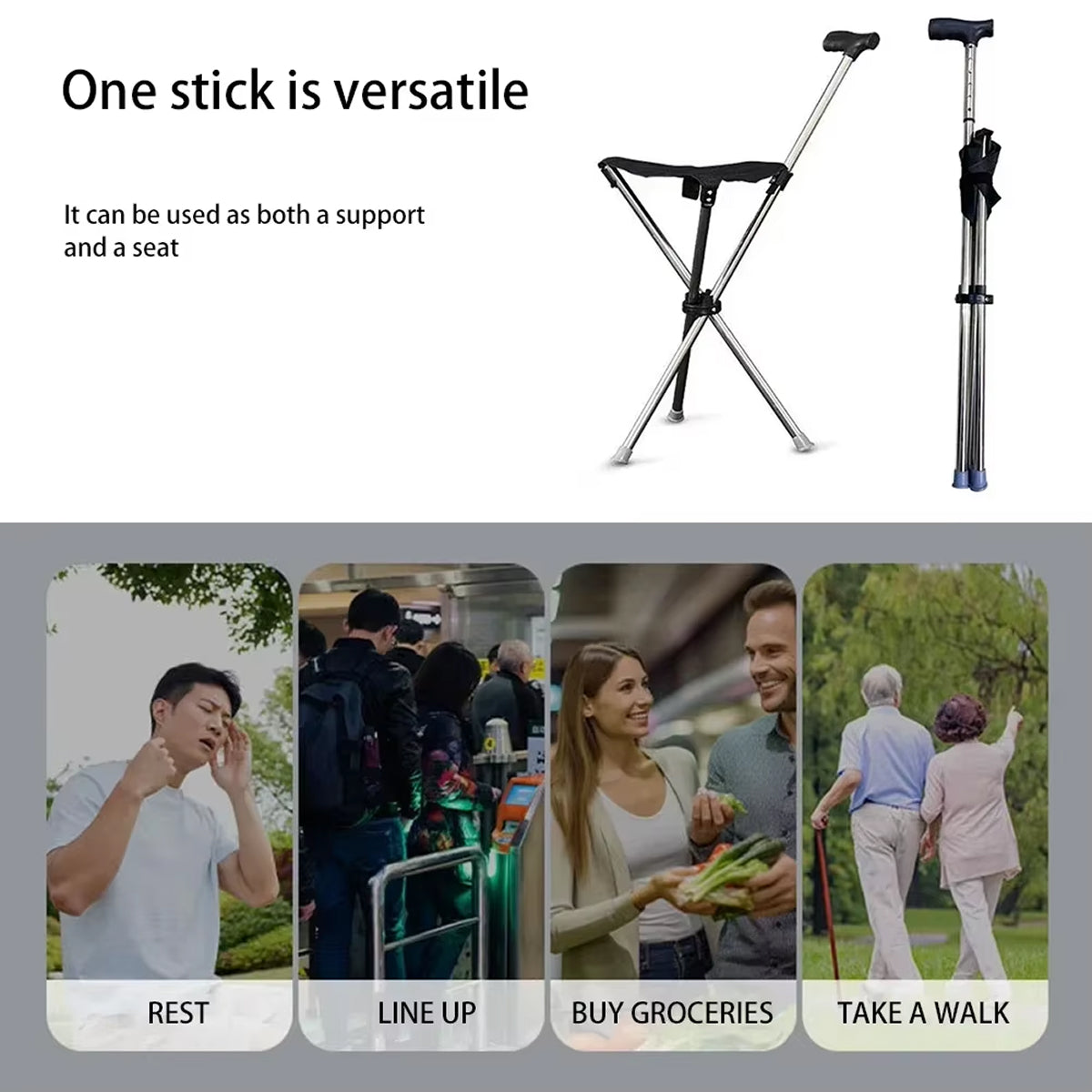 Folding Walking Cane with Built-In Seat & Tripod Base – Adjustable Height 22-34 in, Supports 287 lb, Lightweight 2.4 lb Aluminum Portable