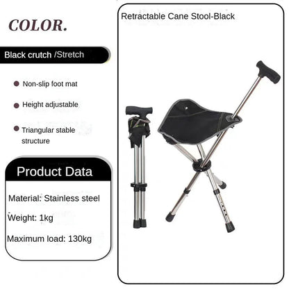 Folding Walking Cane with Built-In Seat & Tripod Base – Adjustable Height 22-34 in, Supports 287 lb, Lightweight 2.4 lb Aluminum Portable