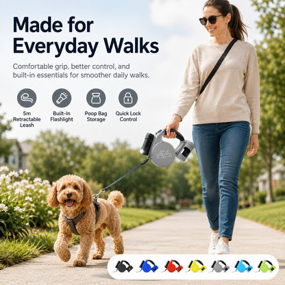 Ortekor 3-in-1 Retractable Dog Leash for Night Walks - Built-In Flashlight & Poop Bag Holder for Easier, Cleaner Walks
