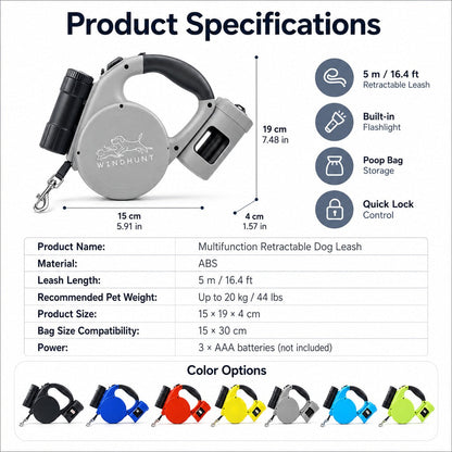 Ortekor 3-in-1 Retractable Dog Leash for Night Walks - Built-In Flashlight & Poop Bag Holder for Easier, Cleaner Walks