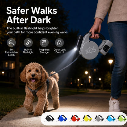 Ortekor 3-in-1 Retractable Dog Leash for Night Walks - Built-In Flashlight & Poop Bag Holder for Easier, Cleaner Walks