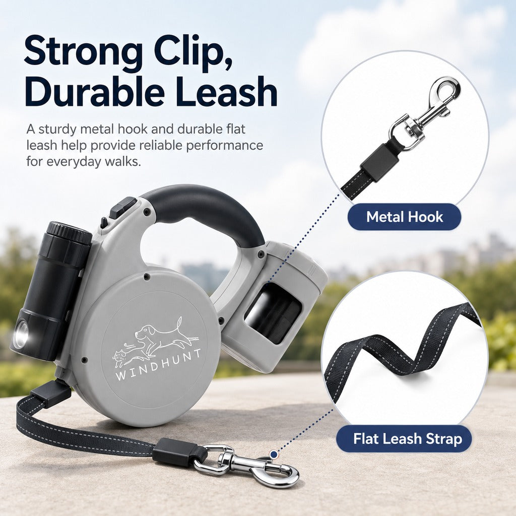 Ortekor 3-in-1 Retractable Dog Leash for Night Walks - Built-In Flashlight & Poop Bag Holder for Easier, Cleaner Walks
