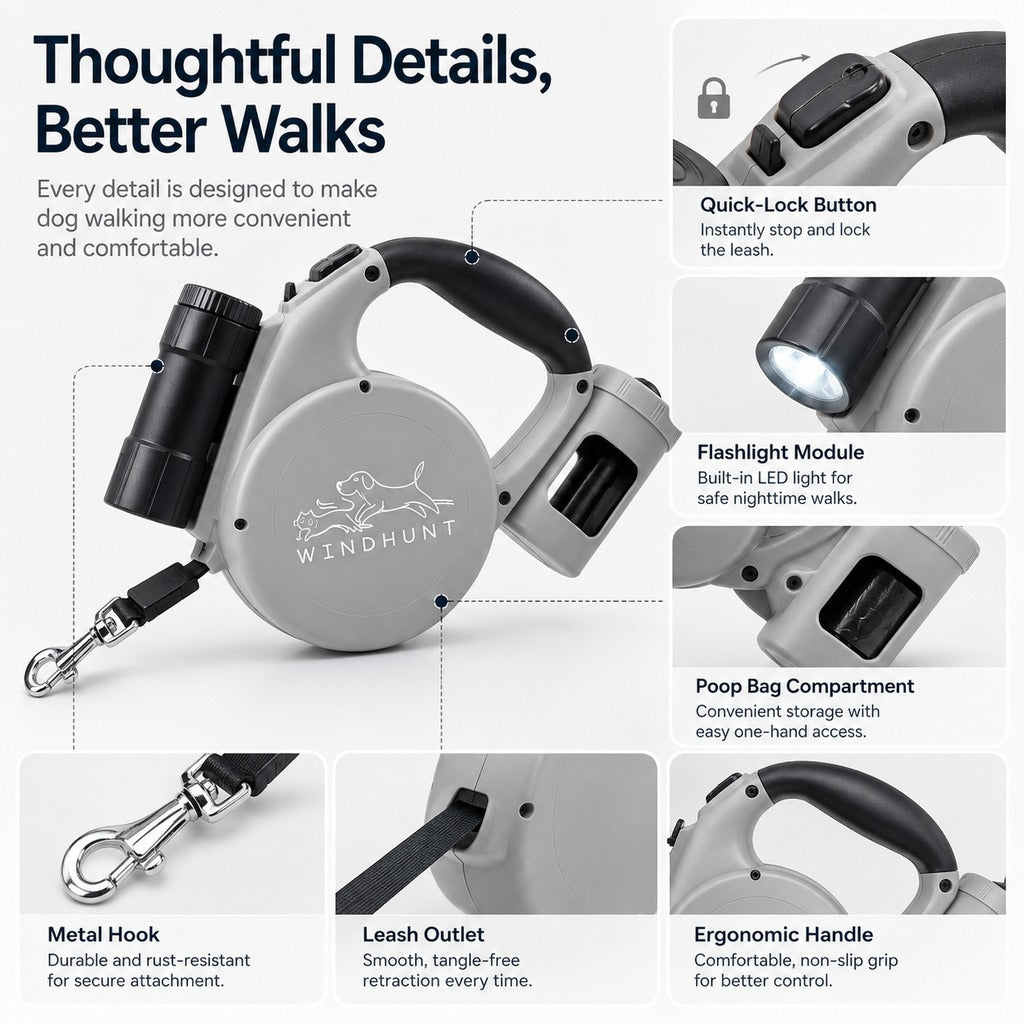 Ortekor 3-in-1 Retractable Dog Leash for Night Walks - Built-In Flashlight & Poop Bag Holder for Easier, Cleaner Walks