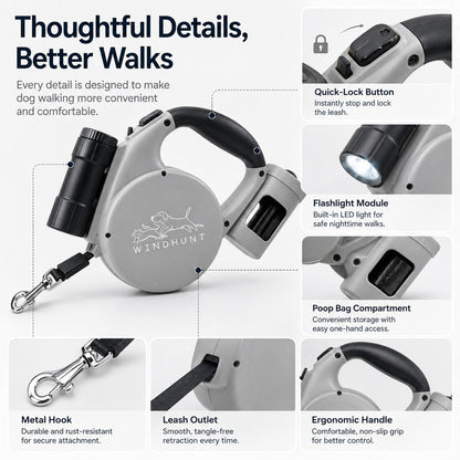 Ortekor 3-in-1 Retractable Dog Leash for Night Walks - Built-In Flashlight & Poop Bag Holder for Easier, Cleaner Walks