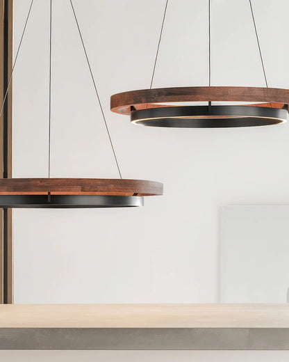 Dual-Ring LED Overhead Fixture Walnut & Black Finish Contemporary Dining Room Suspended Lighting 24-40 Inch Ceiling Mount